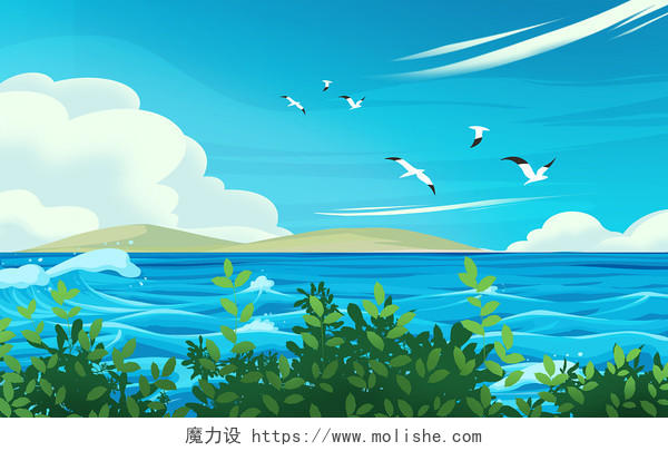 手绘卡通扁平天空海洋插画背景素材原创插画